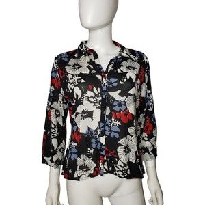 VINTAGE I.E. Black White and Red Floral Button Front Blouse Size PL